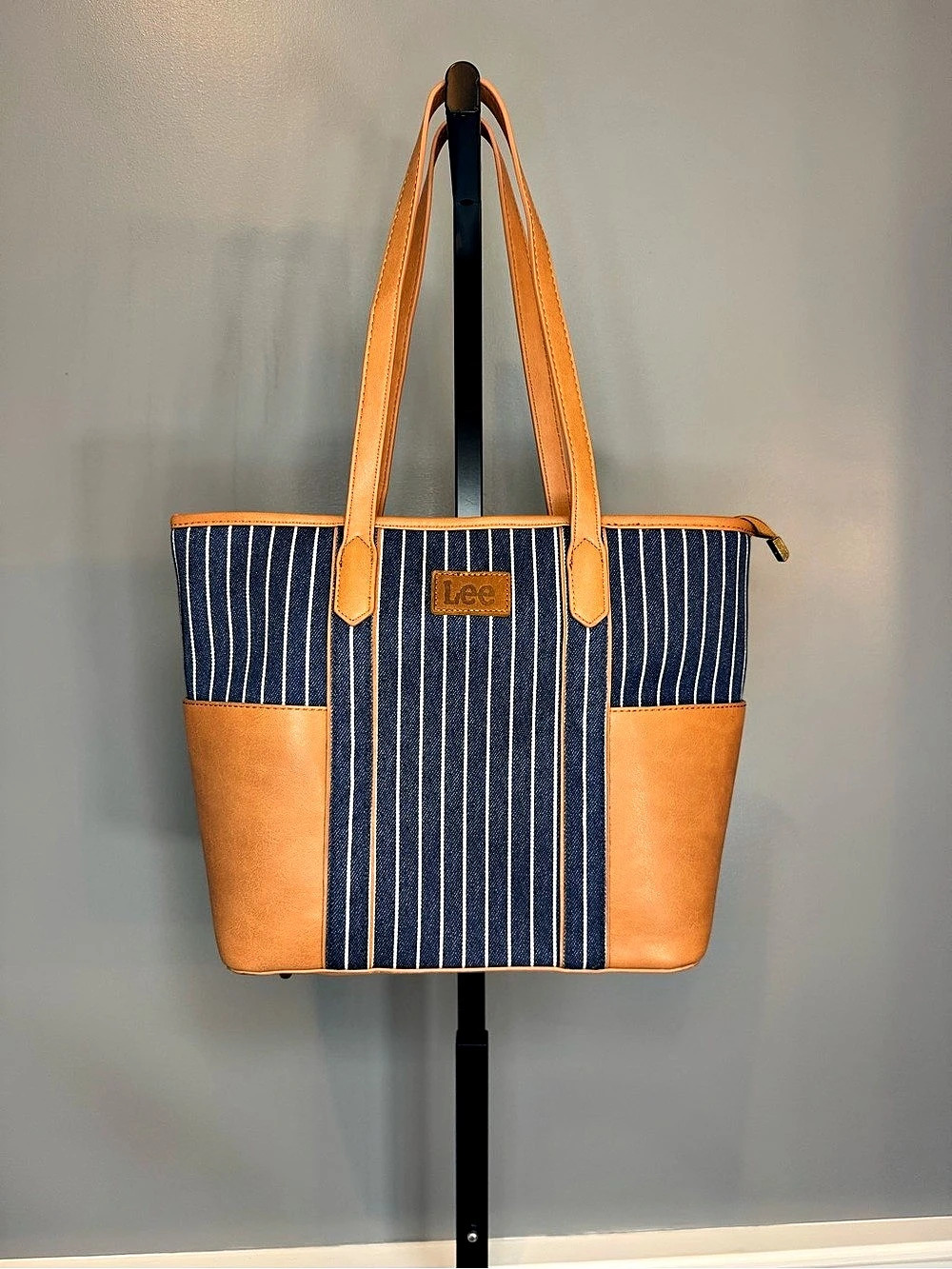 Lee Stripe Collection Denim Canvas Tote Bag Navy Tan Shoulder Bag NWOT